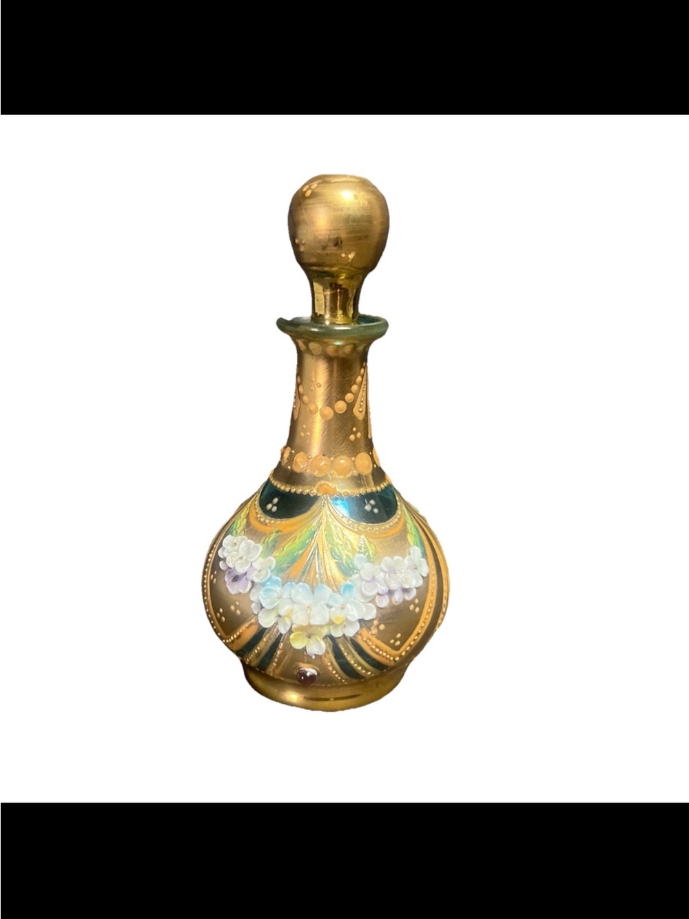 Antique Bohemian Moser Style Glass Perfume Bottle Heavy Gilding With 3D Emboss